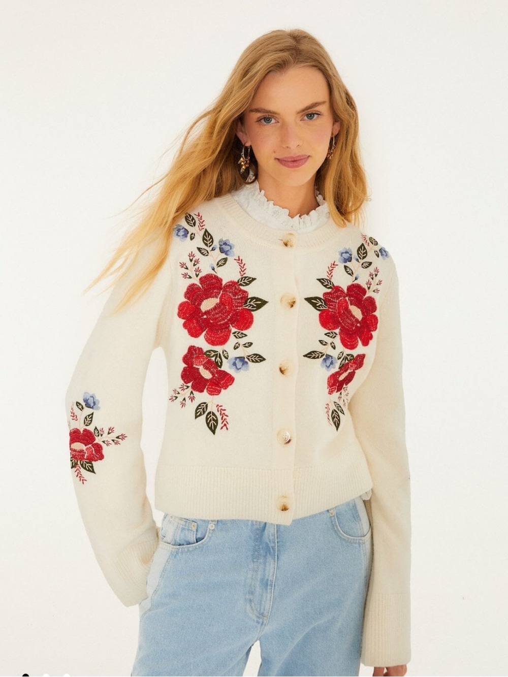 Farm Rio Cream Embroidered Flowers Buttoned Knit Cardigan